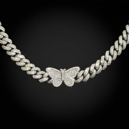 Silver Moissanite Butterfly Cuban Necklace at Earring Kingz