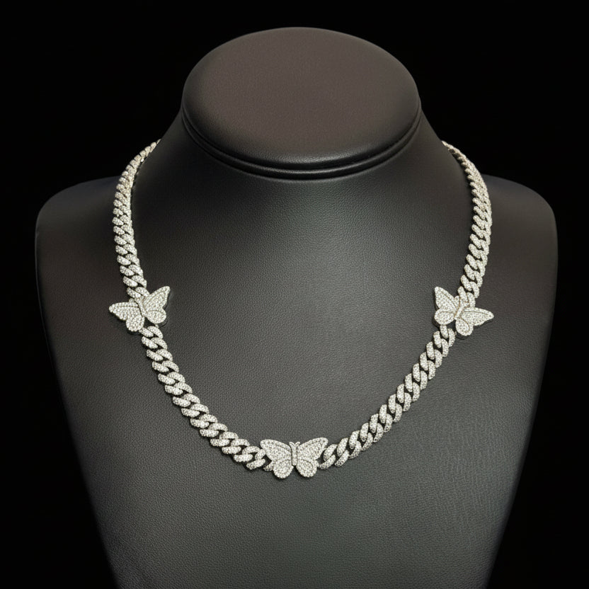Silver Moissanite Butterfly Cuban Necklace at Earring Kingz