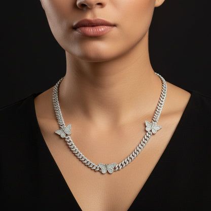 Silver Moissanite Butterfly Cuban Necklace at Earring Kingz
